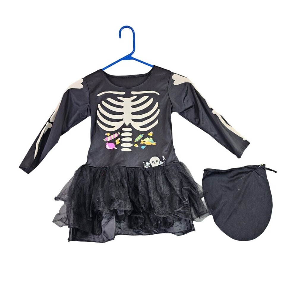 Girls Black & White Scary Skeleton Halloween Costume Dress Size M 7-10